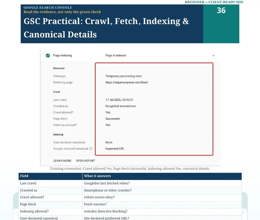 GSC crawl fetch indexing and canonical details