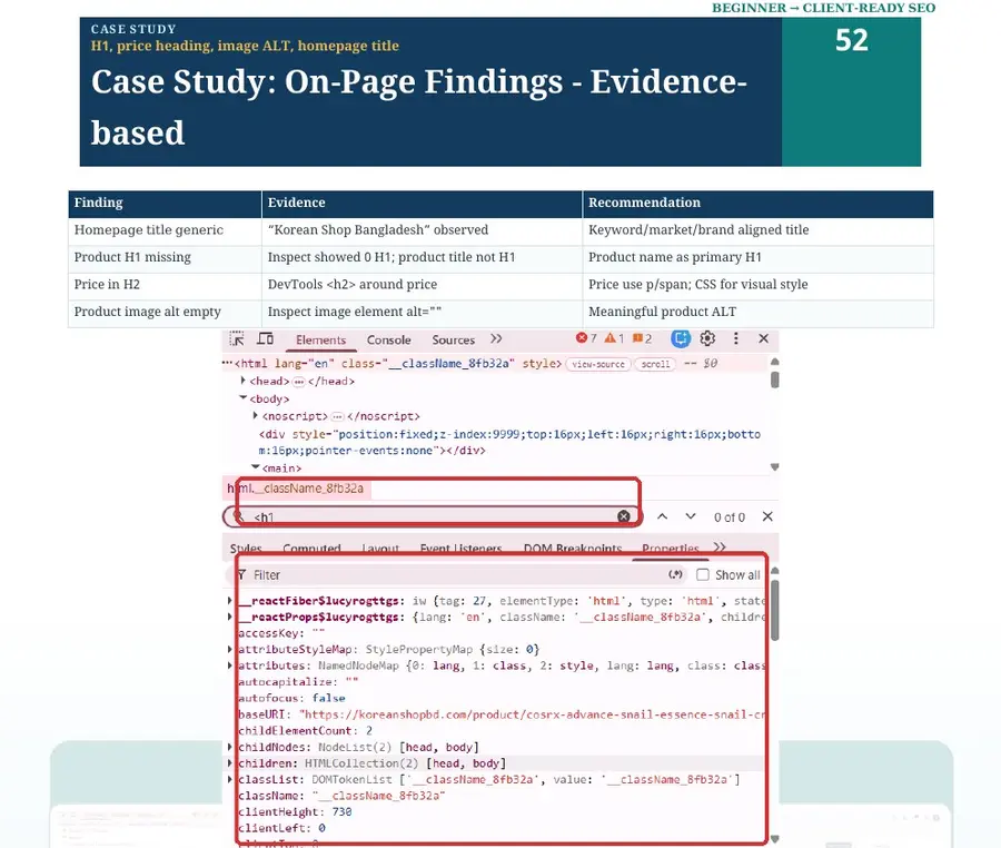 Korean Shop BD on-page SEO findings with HTML evidence