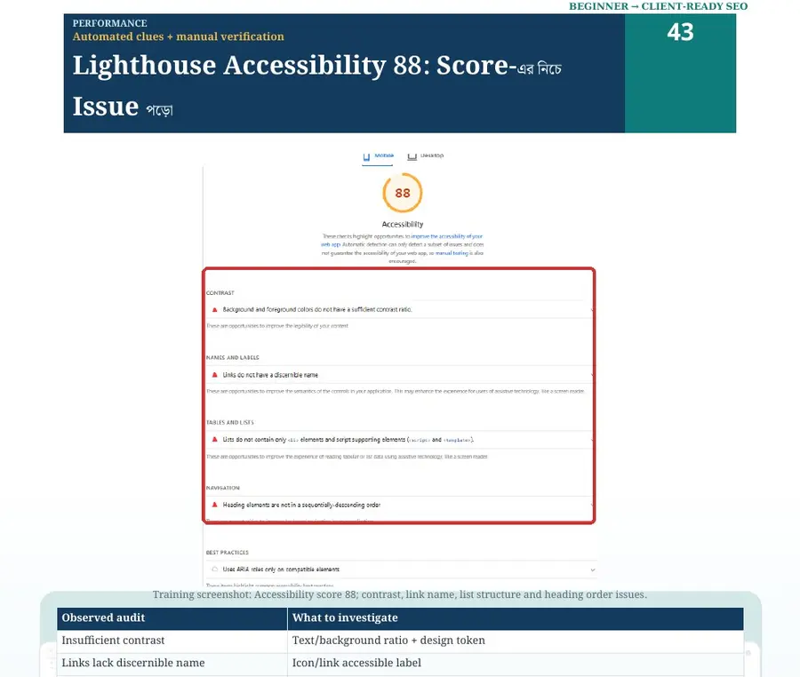 Lighthouse accessibility score and issue list