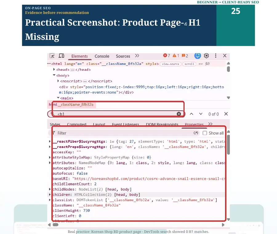 Chrome Inspect evidence showing missing product page H1
