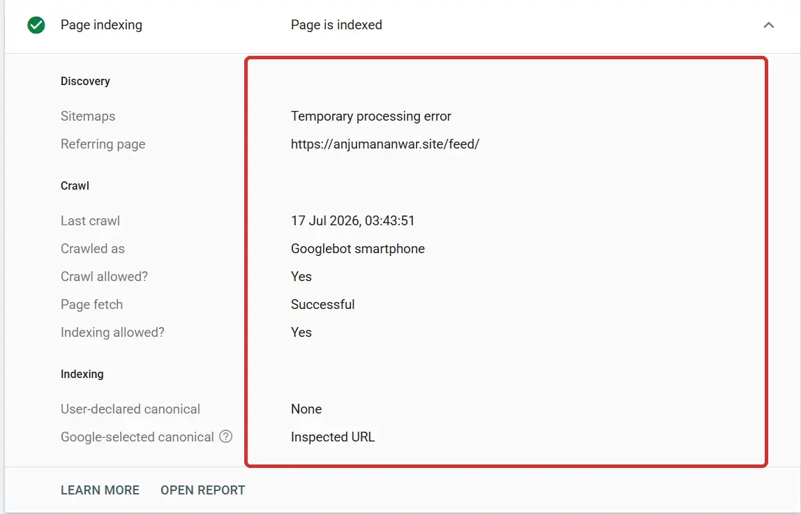 GSC showing crawl allowed yes, fetch successful, indexing allowed yes, user canonical none and Google canonical inspected URL