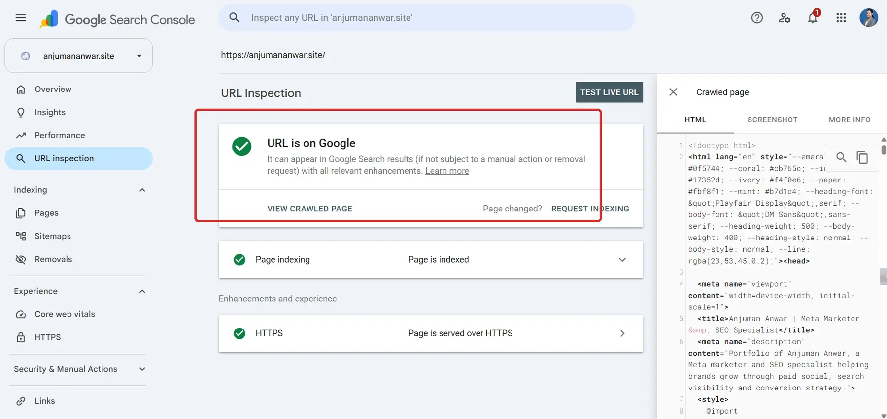 Google Search Console showing URL is on Google, indexed and served over HTTPS