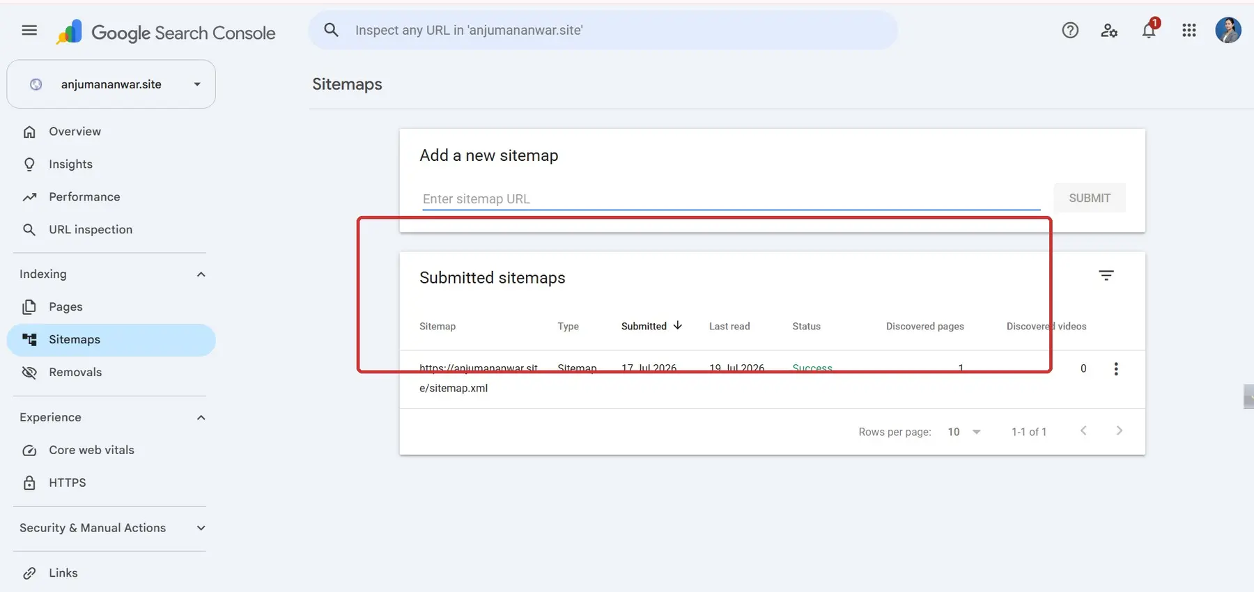 GSC sitemap report showing sitemap.xml submitted with Success status