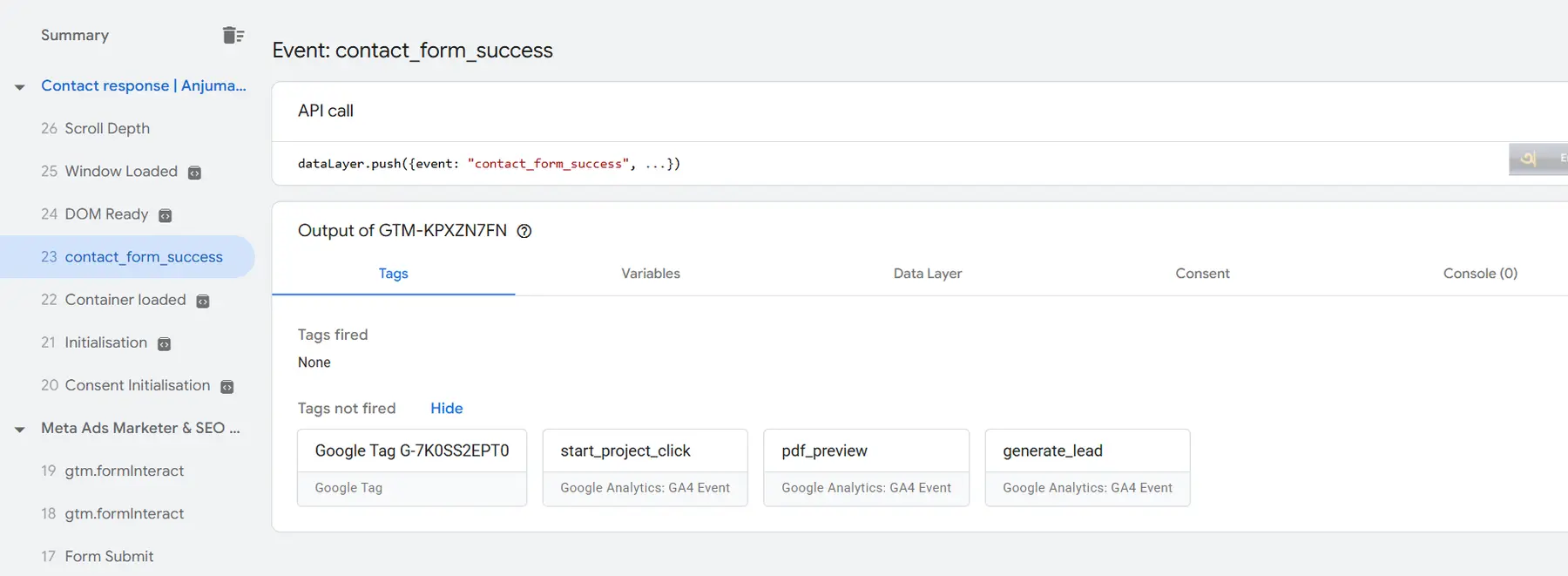 Google Tag Manager preview showing failed generate lead event