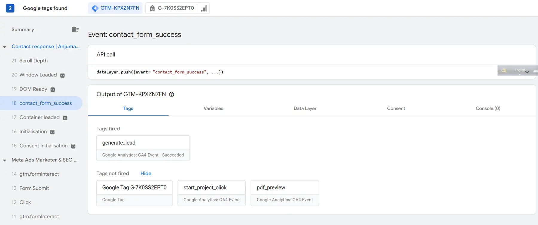 Google Tag Manager preview showing generate lead firing