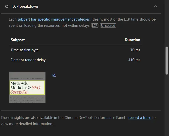 LCP breakdown showing time to first byte 70 milliseconds and element render delay 410 milliseconds