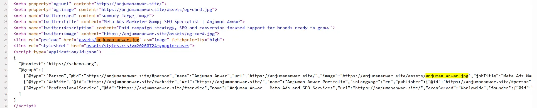 HTML source showing preload for anjuman-anwar.jpg with fetchpriority high