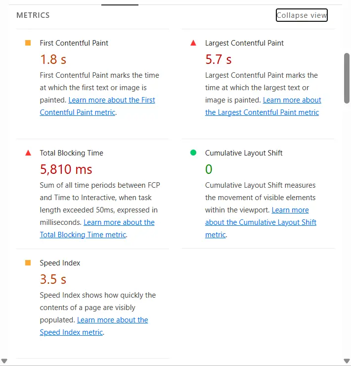 Lighthouse metrics with FCP 1.8 seconds, LCP 5.7 seconds, TBT 5810 milliseconds, CLS 0 and Speed Index 3.5 seconds