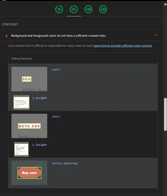 Lighthouse showing Performance 90, Accessibility 96, Best Practices 100 and SEO 100