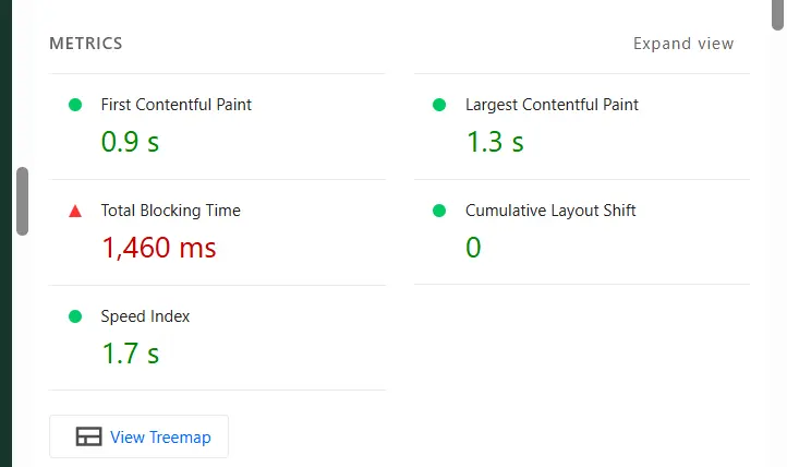Improved run showing FCP 0.9 seconds, LCP 1.3 seconds, TBT 1460 milliseconds, CLS 0 and Speed Index 1.7 seconds