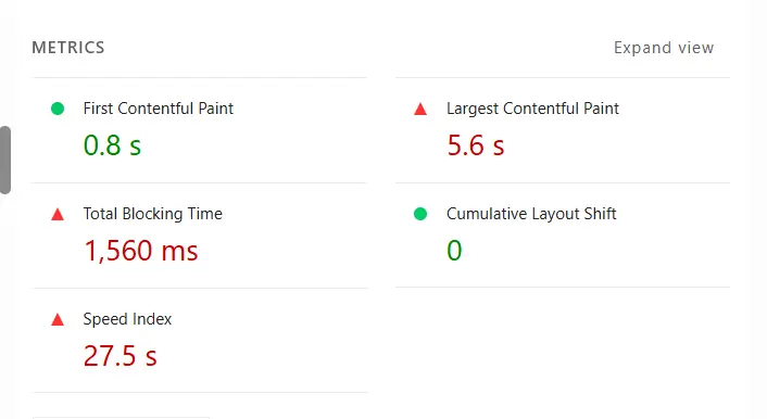 Performance run showing FCP 0.8 seconds, LCP 5.6 seconds, TBT 1560 milliseconds, CLS 0 and Speed Index 27.5 seconds