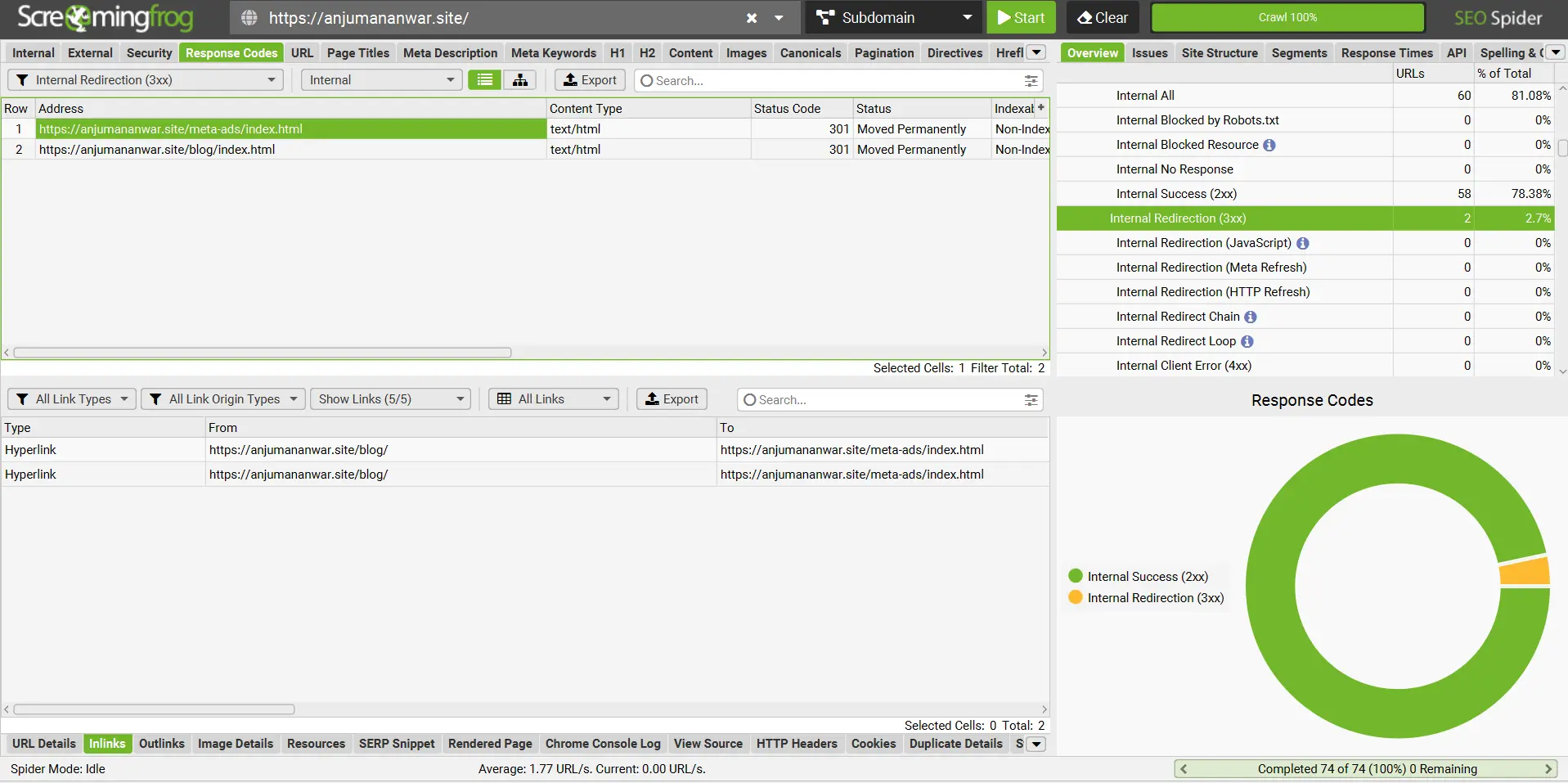 Screaming Frog showing two internal 301 redirects