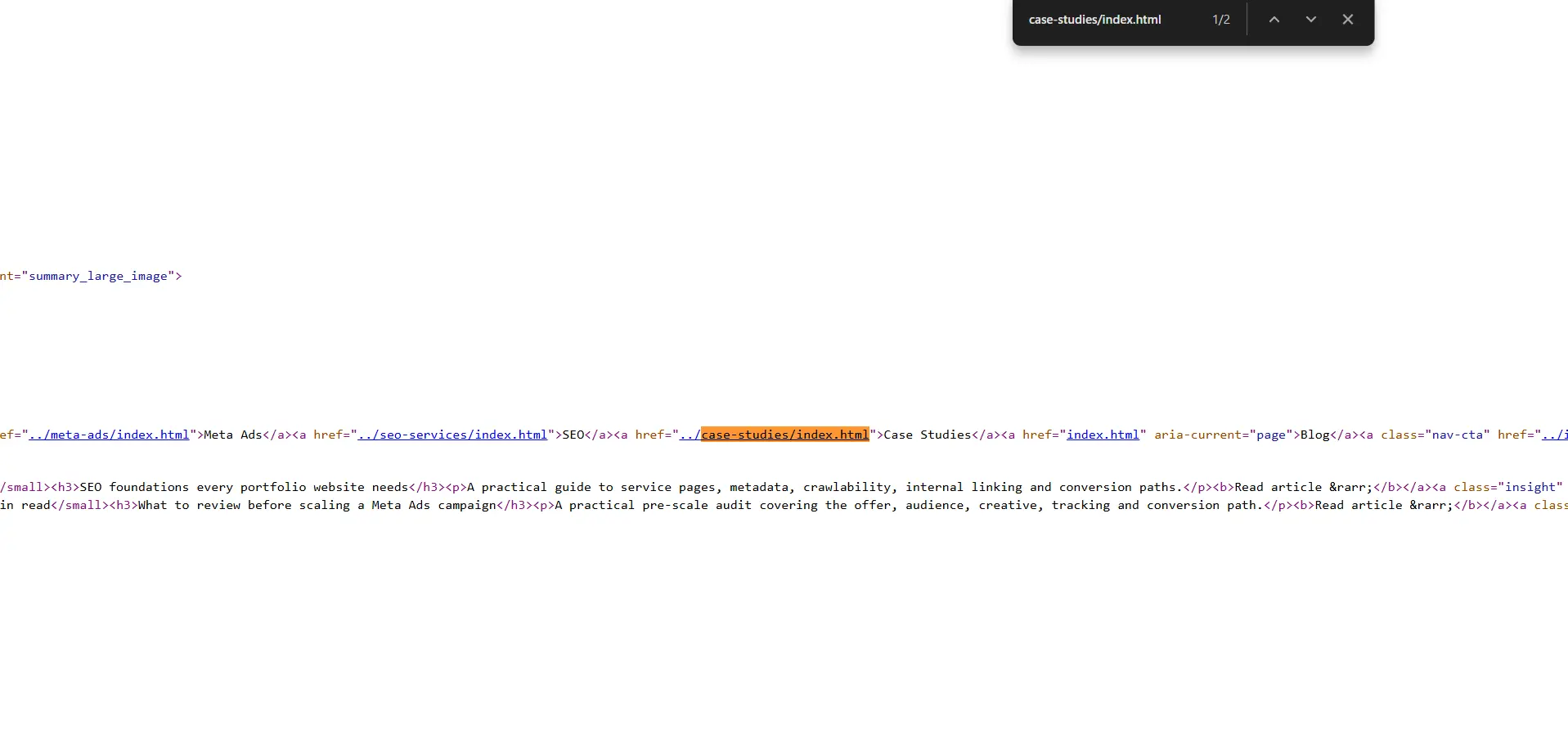 HTML source with navigation link to case-studies/index.html
