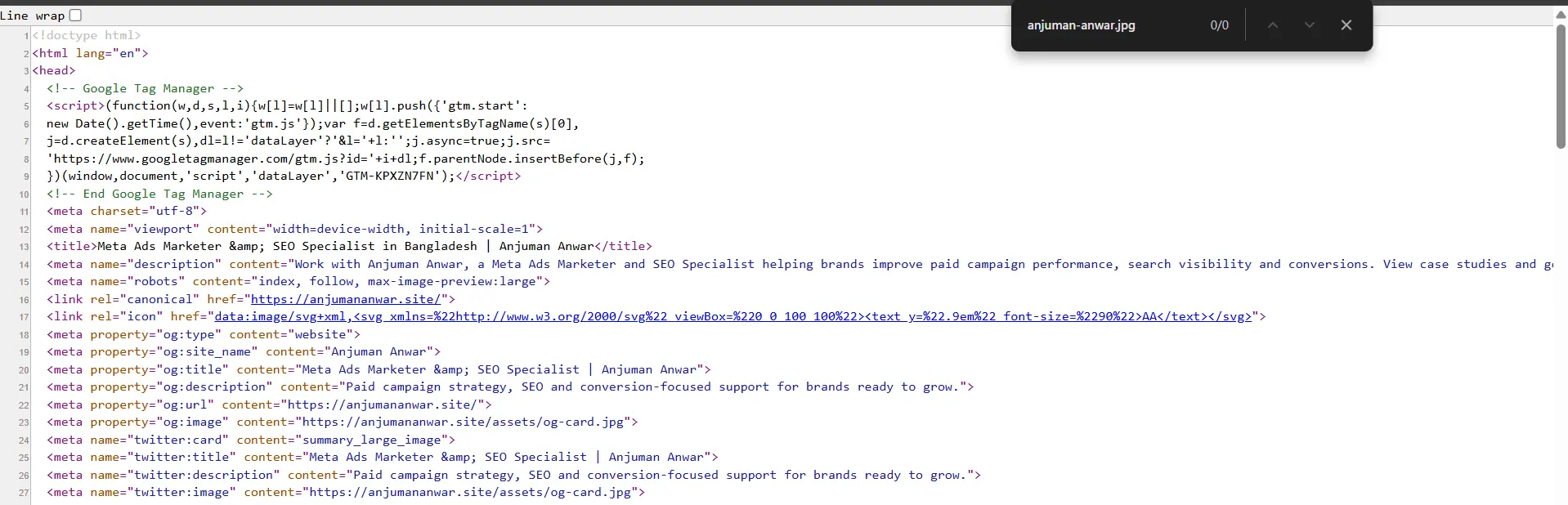 HTML source showing title, description, robots, canonical and Open Graph metadata