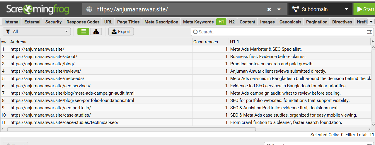 Screaming Frog H1 audit evidence