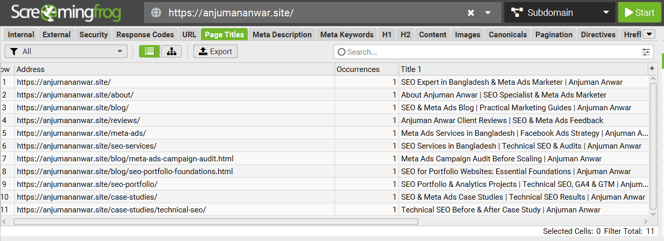 Screaming Frog page title QA for keyword research and on-page SEO implementation